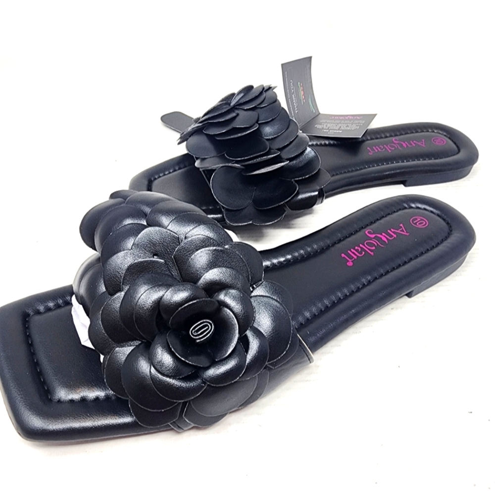 Black Floral Women's Slide Sandals Size 10 Square Toe Trendy Vacation Shoes‎ 10
